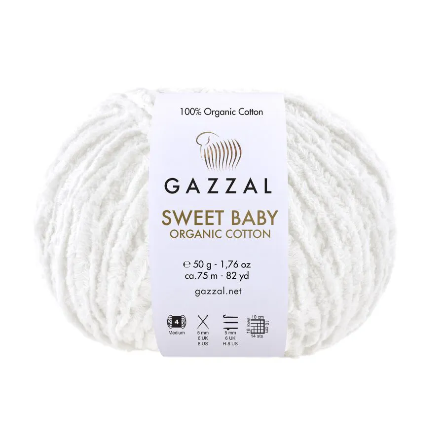 Włóczka Gazzal Sweet Baby Organic Cotton 2600 biały – zdjęcie motka.