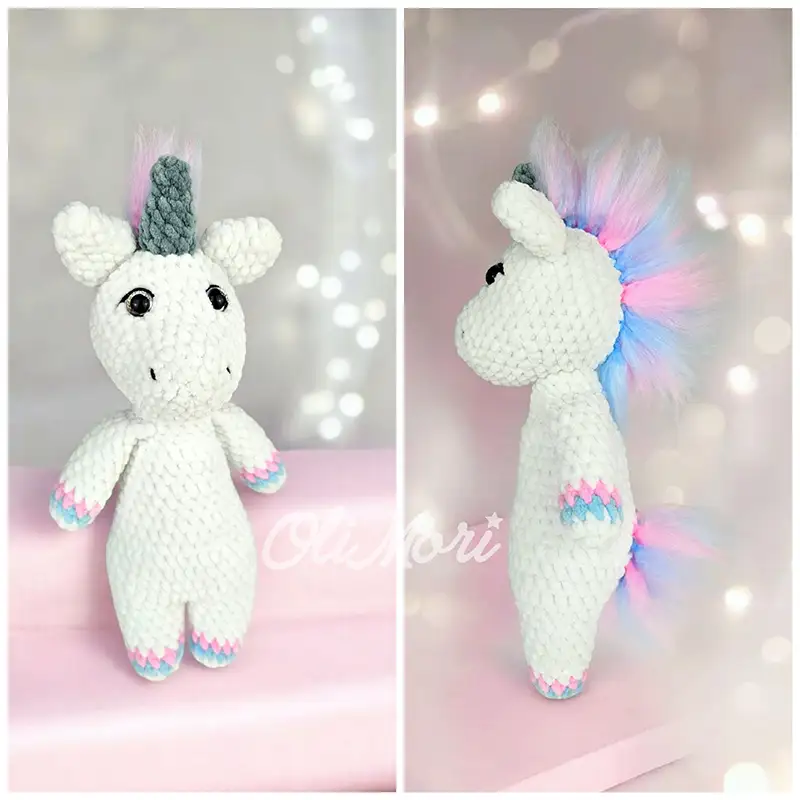 Gotowa maskotka szydełkowa – jednorożec OliMisie, darmowy wzór OliMori.