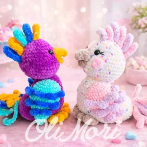 Kolorowe ptaki na szydełku amigurumi z włóczki pluszowej – wzór OliMori, maskotki handmade w pastelowych kolorach.